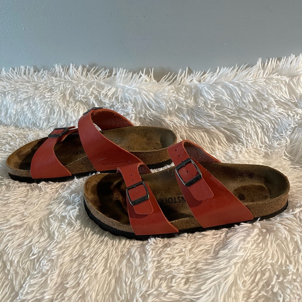 Birkenstock Double Strap Red Leather Sandals